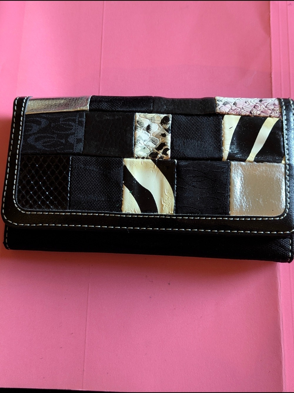 Cleto: Black Patchwork Women’s Wallet with Vinyl Patch Accents
